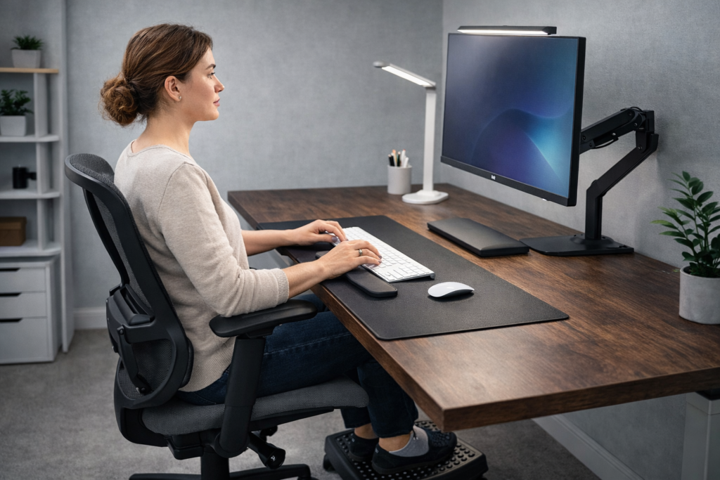 ergonomic desk setup with proper posture