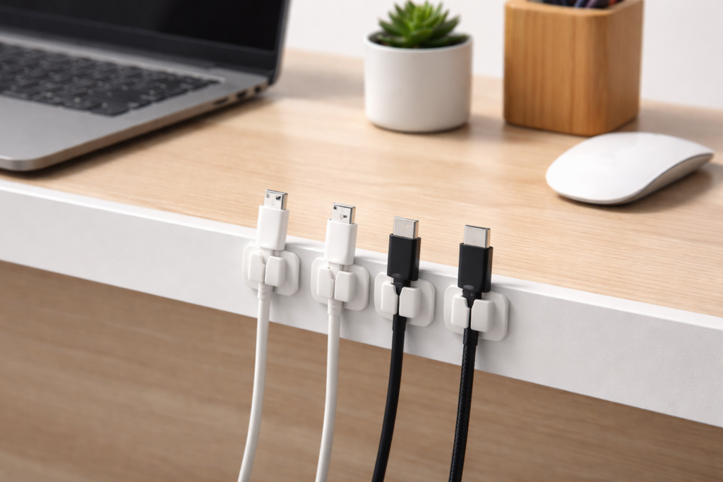 adhesive cable clips on desk edge