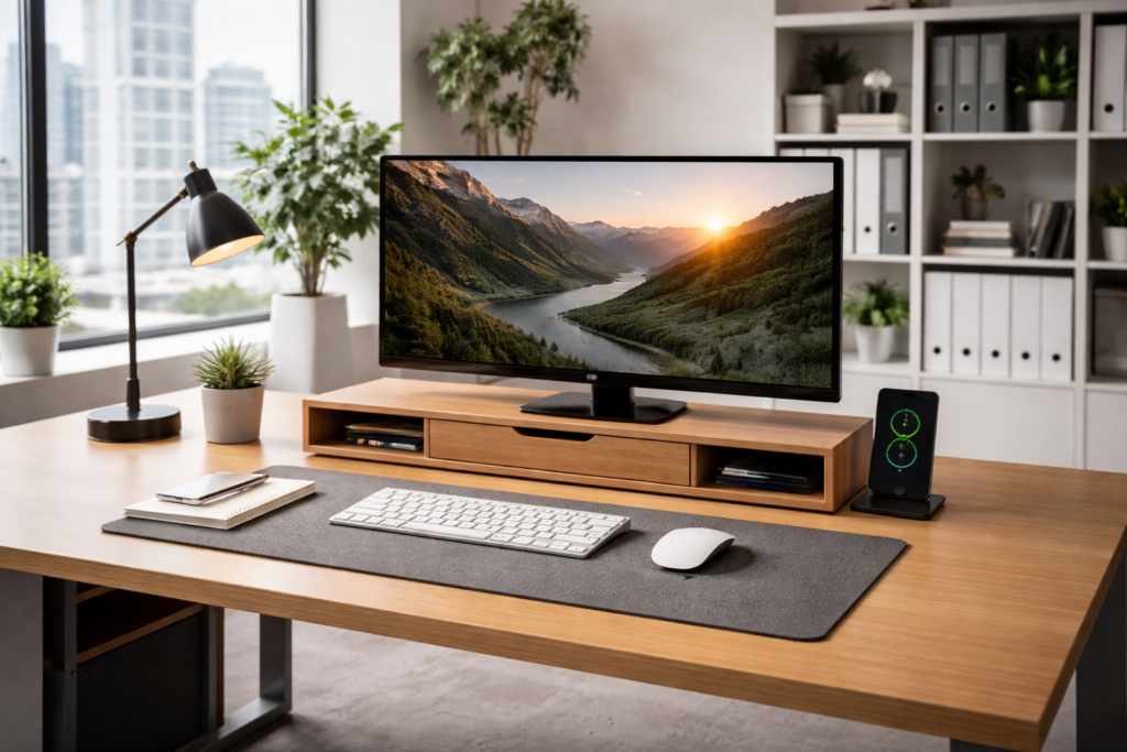 aesthetic desk setup with clean modern workspace design