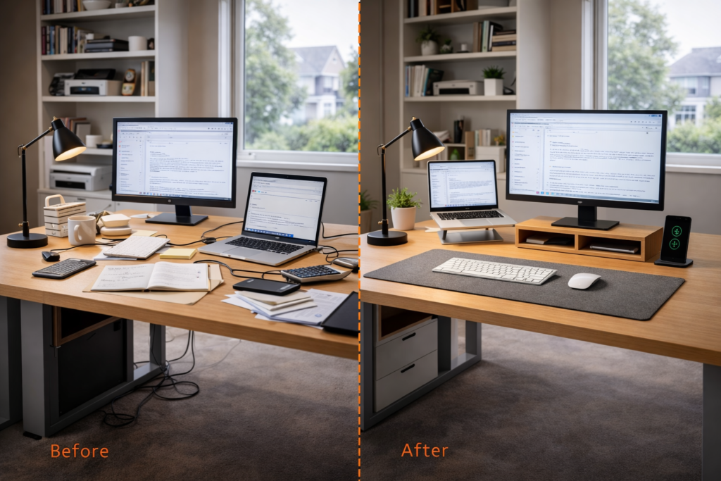 clean aesthetic desk setup transformation workspace