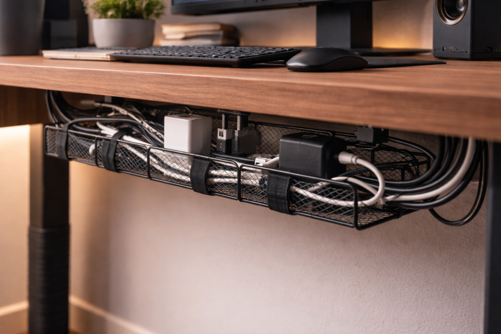 under desk cable tray with cables organized