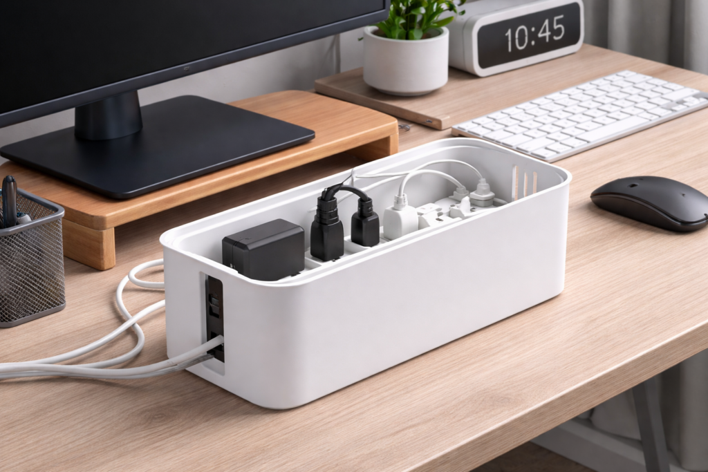 power strip cable management box desk setup
