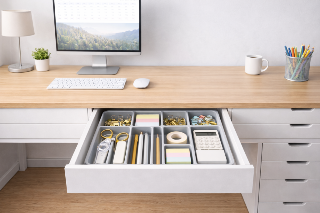 organized desk drawer with drawer organizer compartments