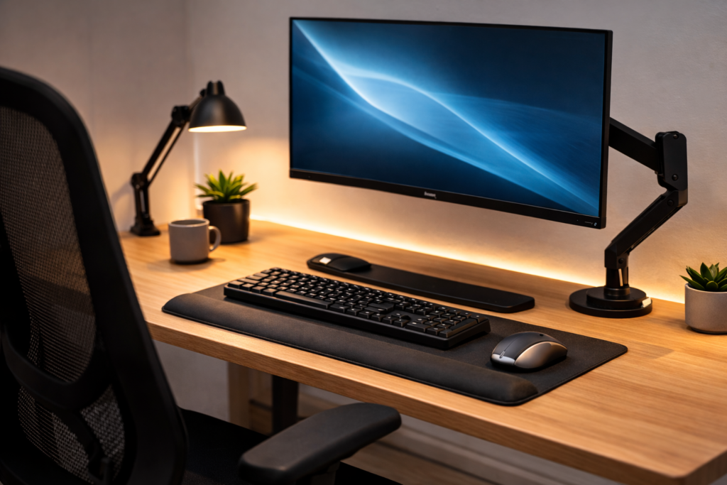 ergonomic desk setup with monitor arm ergonomic keyboard and standing desk mat