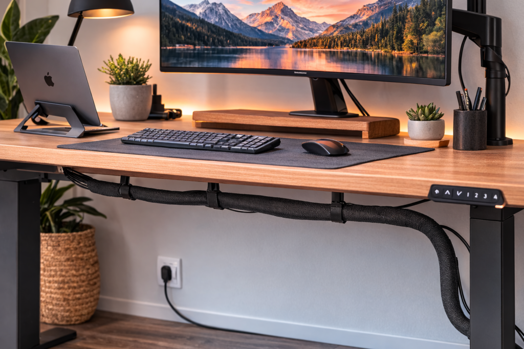 desk setup with cable management sleeve organizing cables
