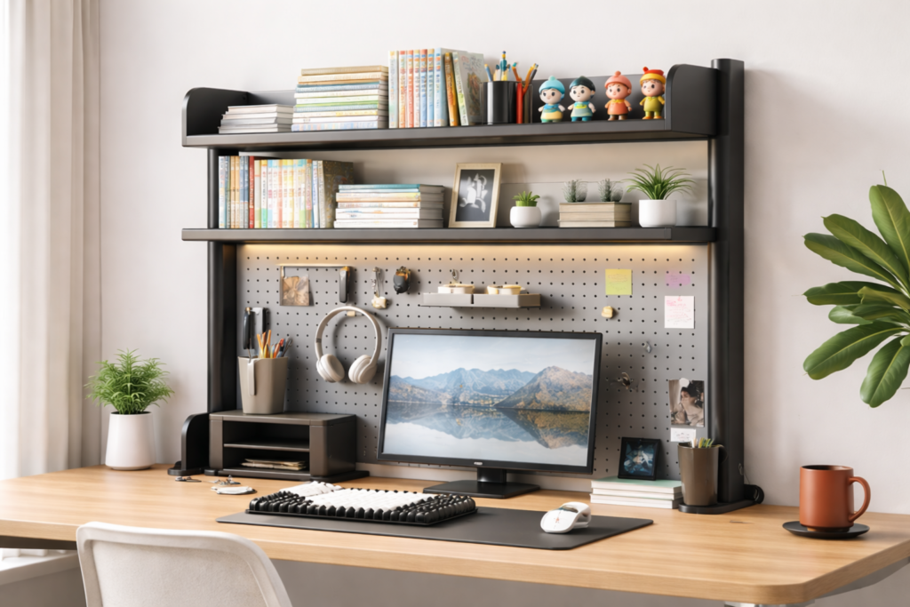 desk shelf organizer with pegboard and storage shelves for desk setup