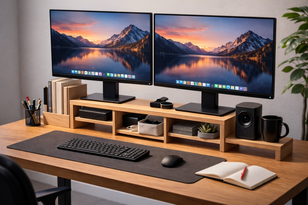 wooden dual monitor stand with storage for desk setup