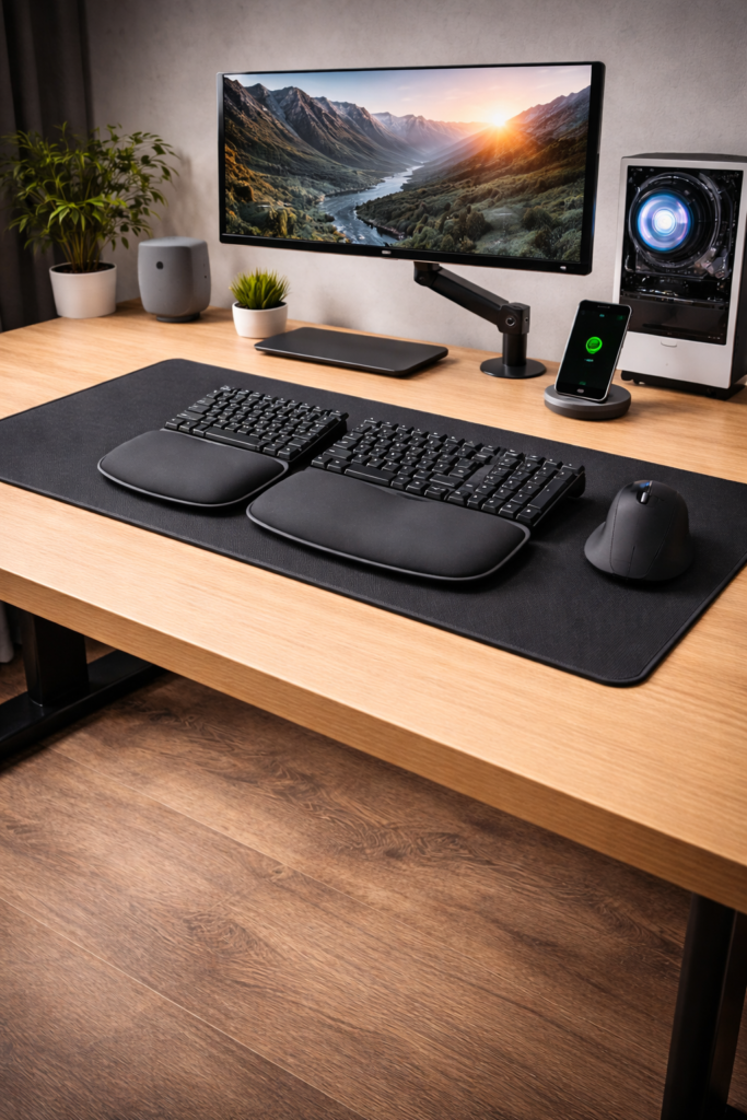 ergonomic keyboard desk setup clean workspace
