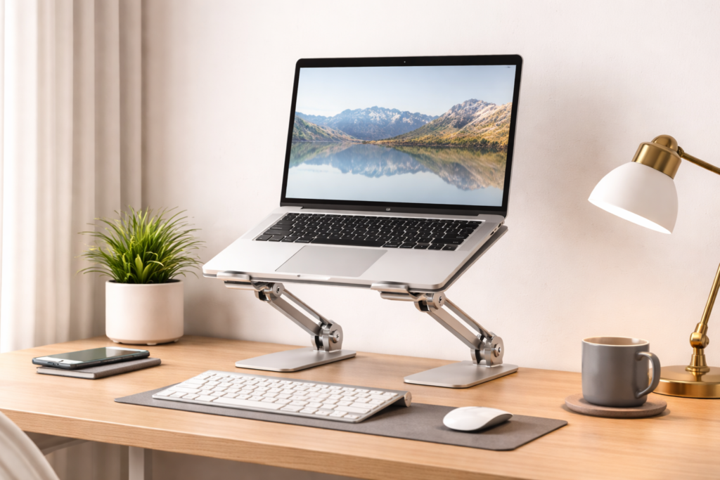 ergonomic laptop stand improving posture in desk setup