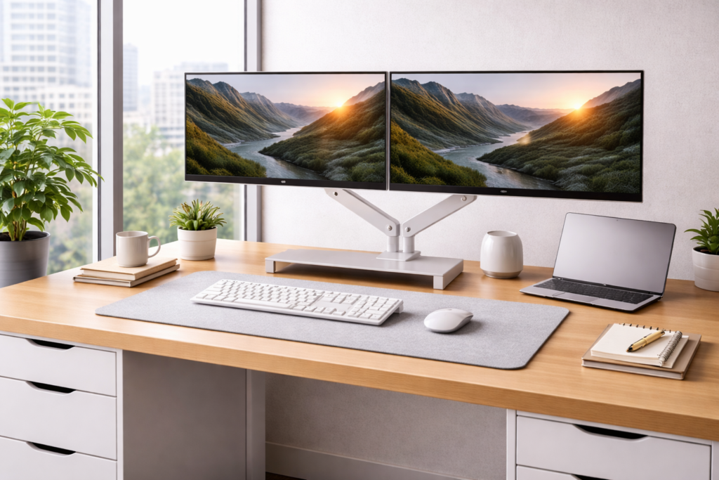minimalist desk setup with clean aesthetic and simple workspace