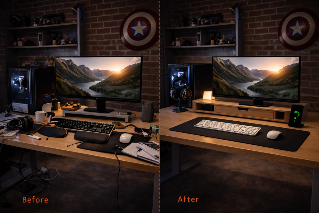 minimalist desk setup transformation from cluttered to clean workspace