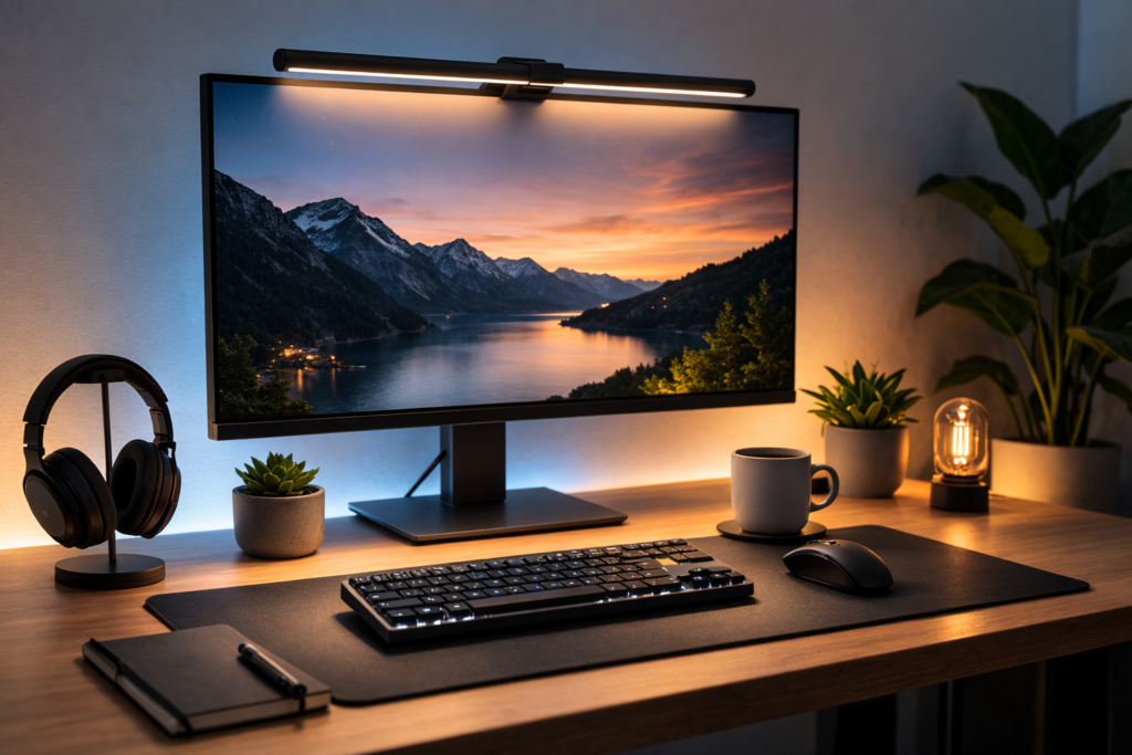 best monitor light bar desk setup lighting example