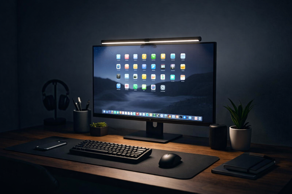 monitor light bar illuminating desk setup workspace