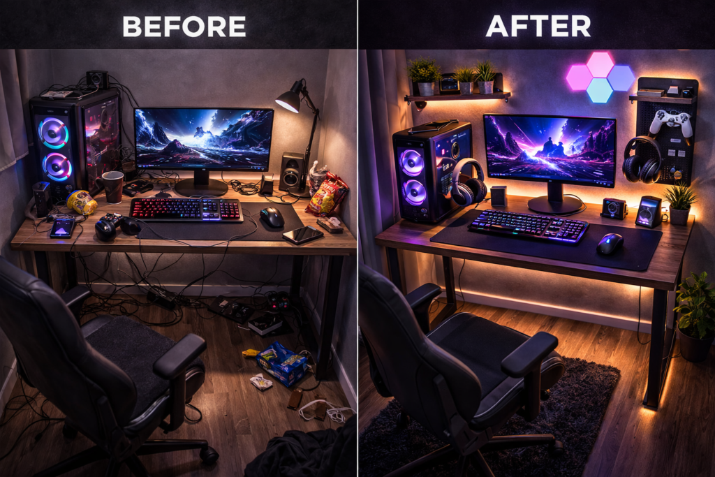 small desk setup before and after organization transformation